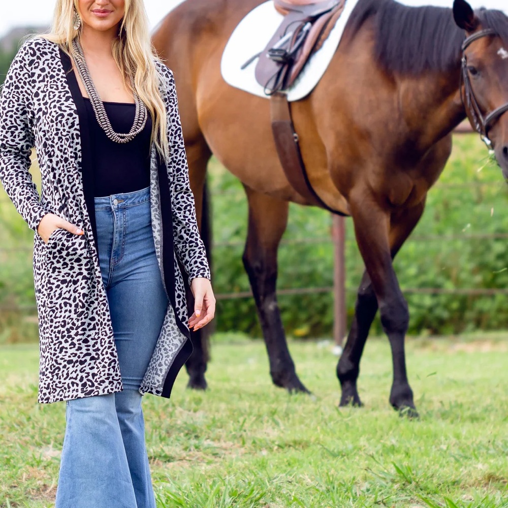 Grey Leopard Print Long Cardigan with Pockets NWT